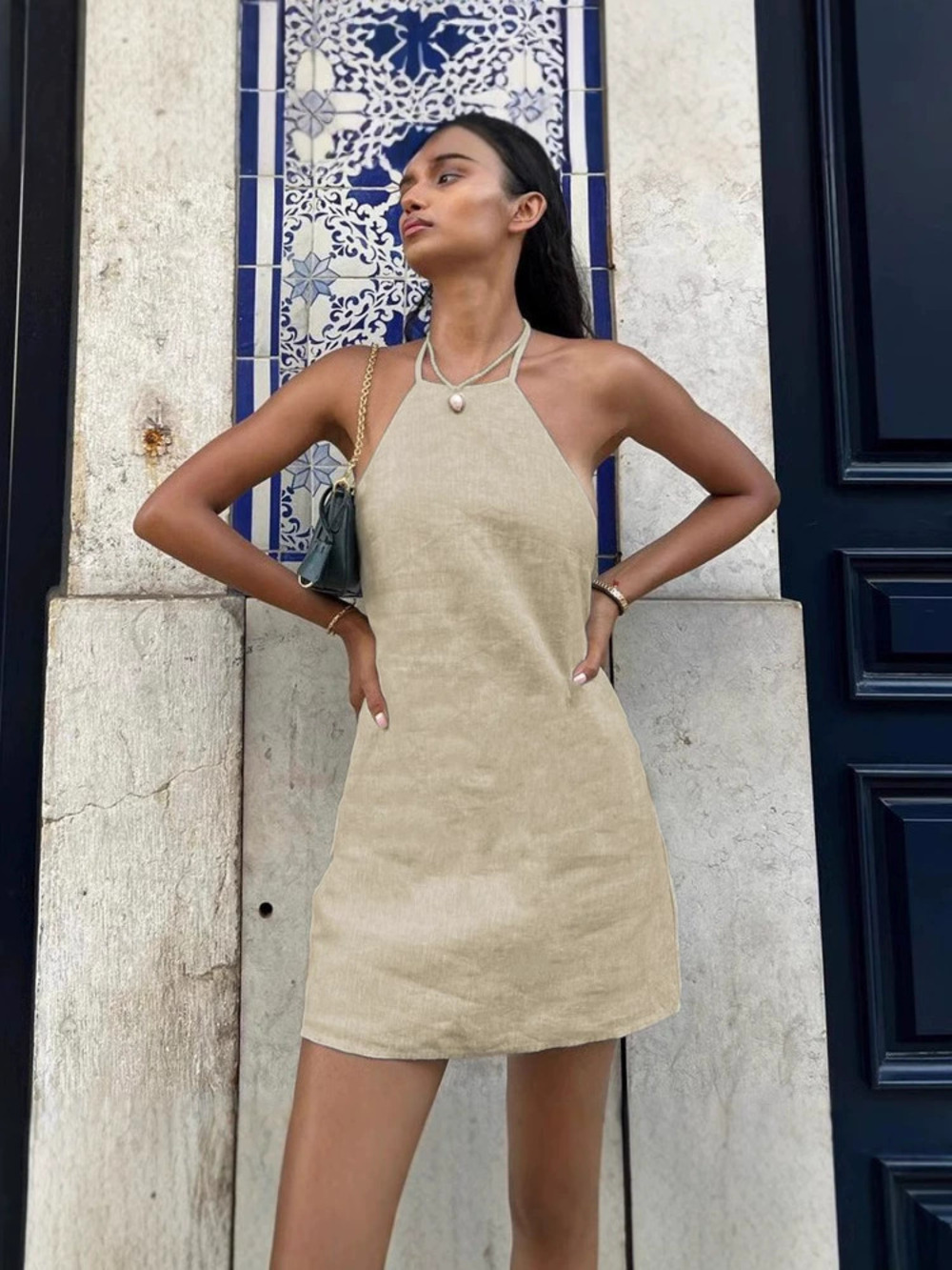 Zara Summer New Cotton Linen Halter Tie Backless A-Line Dress